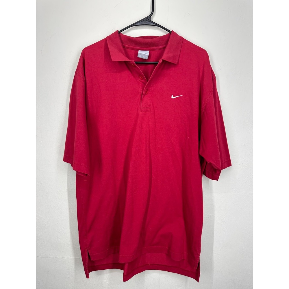 Nike Golf Polo Shirt Mens LARGE Red Swoosh Logo Short Sleeve High Low Slit Y2K